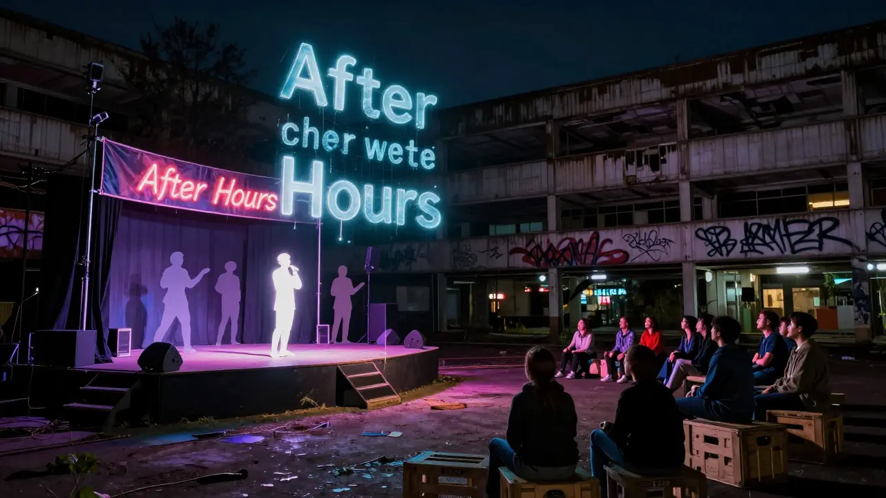 Raw underground theatre performance in a converted car park, glowing words floating in air.