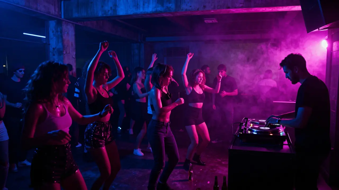 Raw warehouse nightclub Alcatraz filled with dancers under pulsing neon lights at 3 a.m.