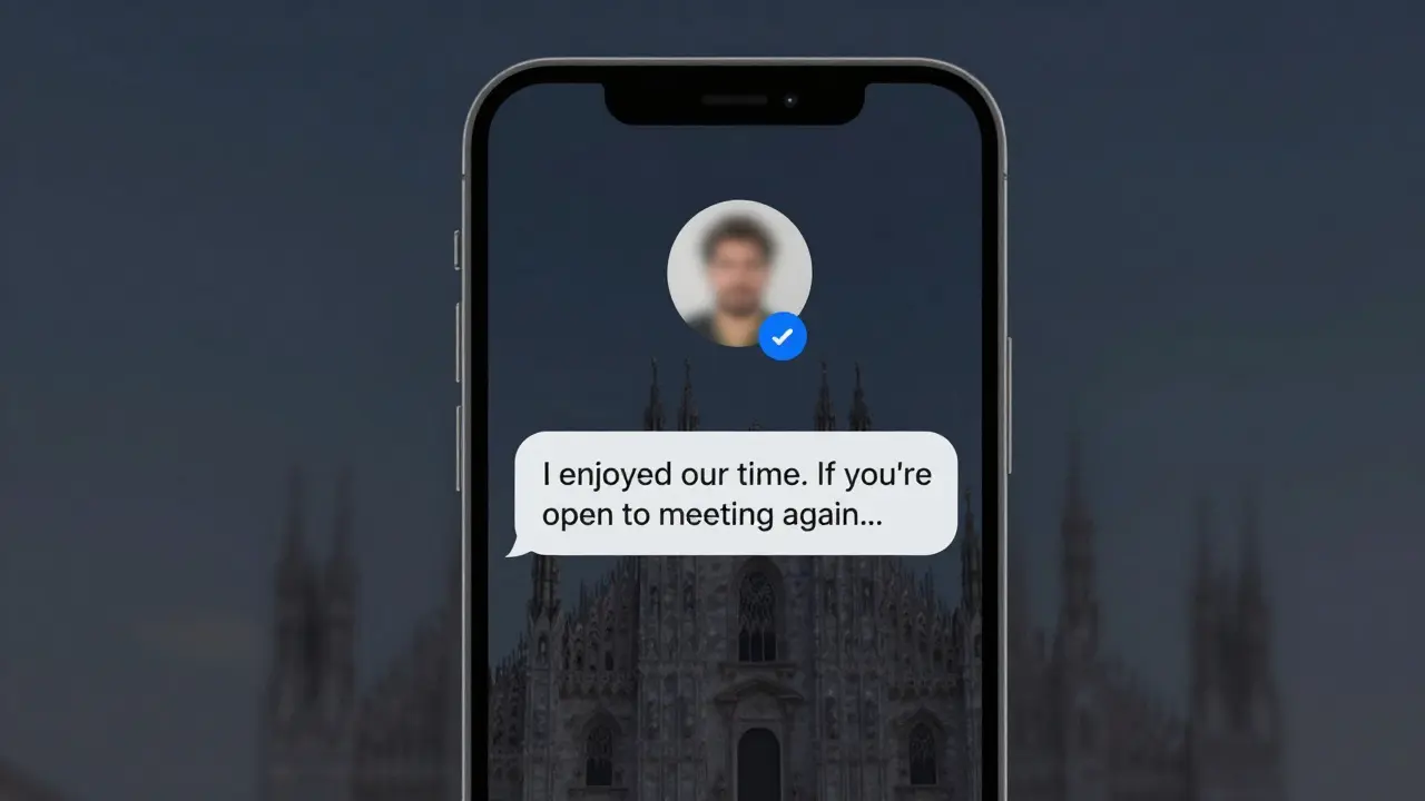 Smartphone showing encrypted messages with verified escort profiles in dark mode.