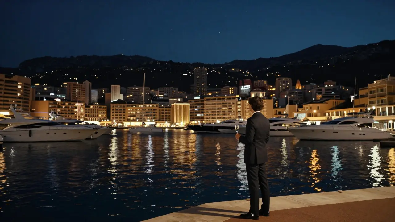 Solitary figure on a pier at midnight, watching illuminated yachts on the harbor under a starry sky.
