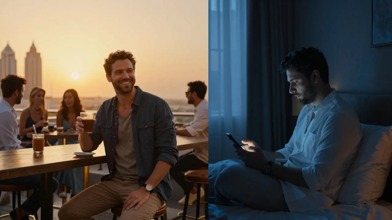 Split image: man enjoying a social rooftop gathering versus alone in a hotel room staring at a dark phone.