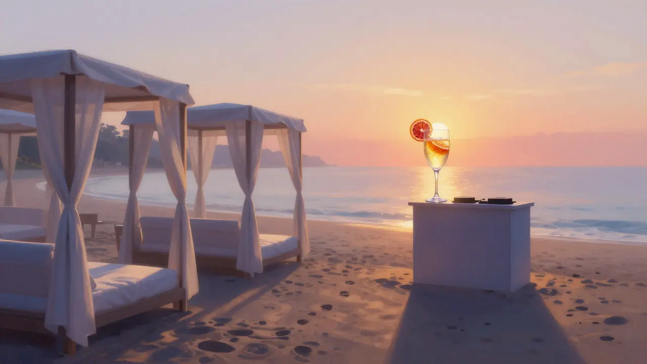 Sunrise at a quiet beach club with golden light and empty cabanas.