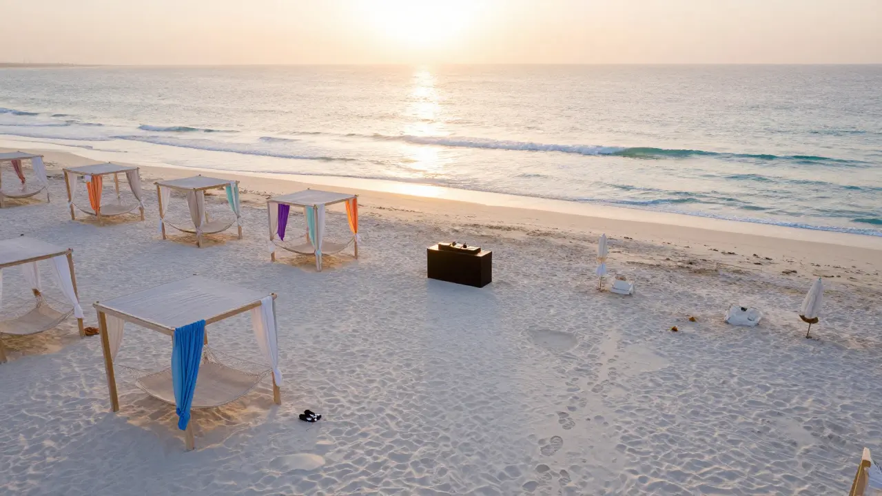 Sunrise at Al Maha Beach Club with empty cabanas and footprints leading to the ocean.