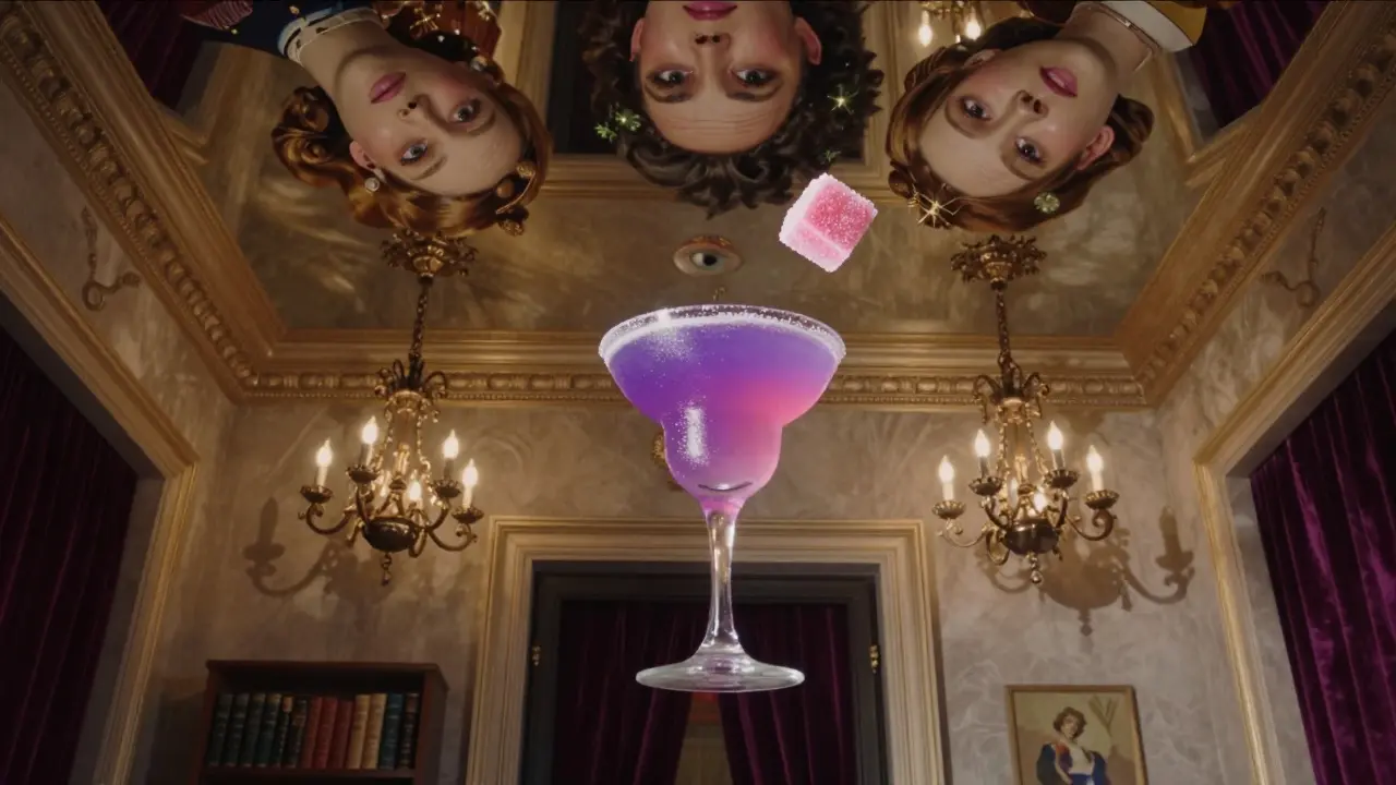 Surreal bar interior with mirrored ceiling and color-shifting purple cocktail floating mid-air.