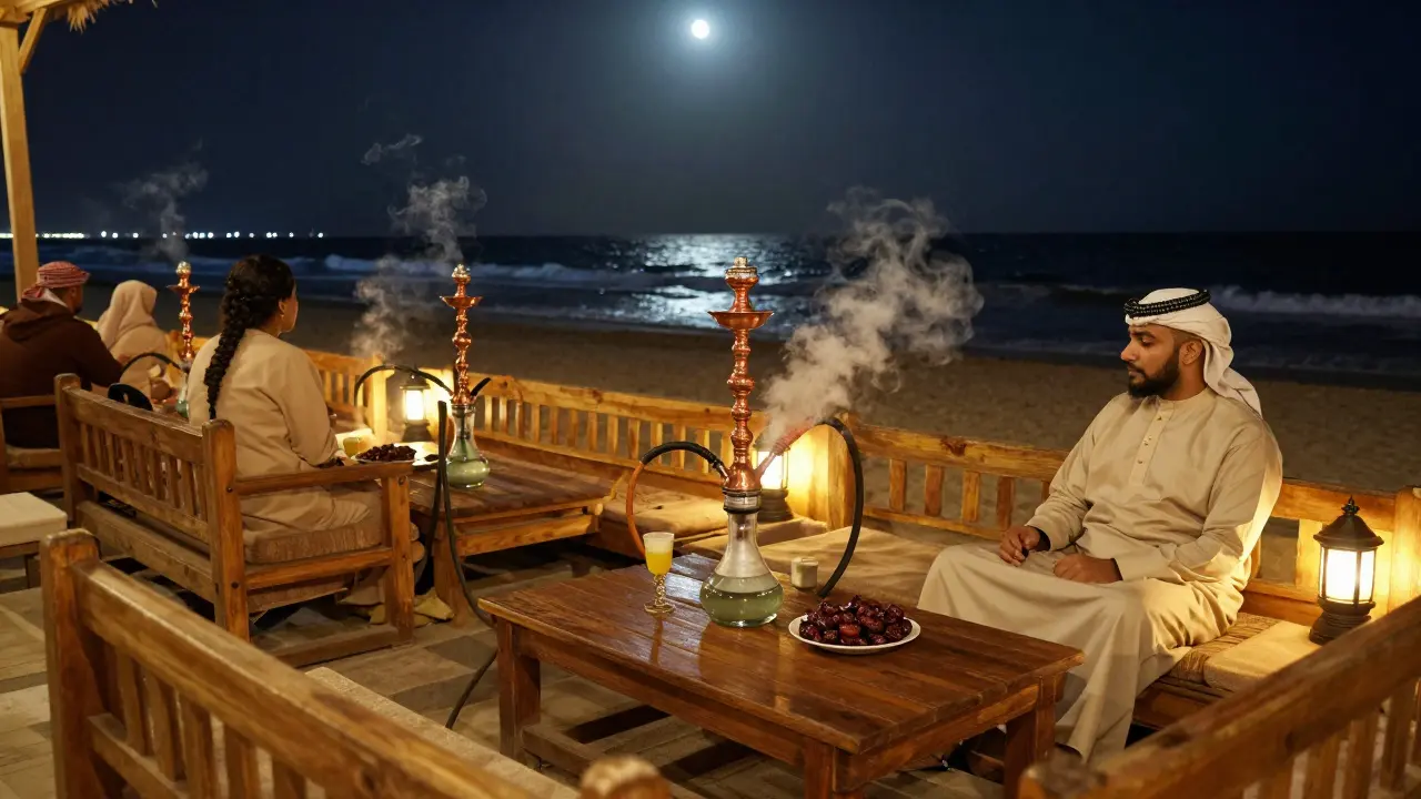 Traditional Arabic shisha lounge by the beach with lanterns and hookah smoke.