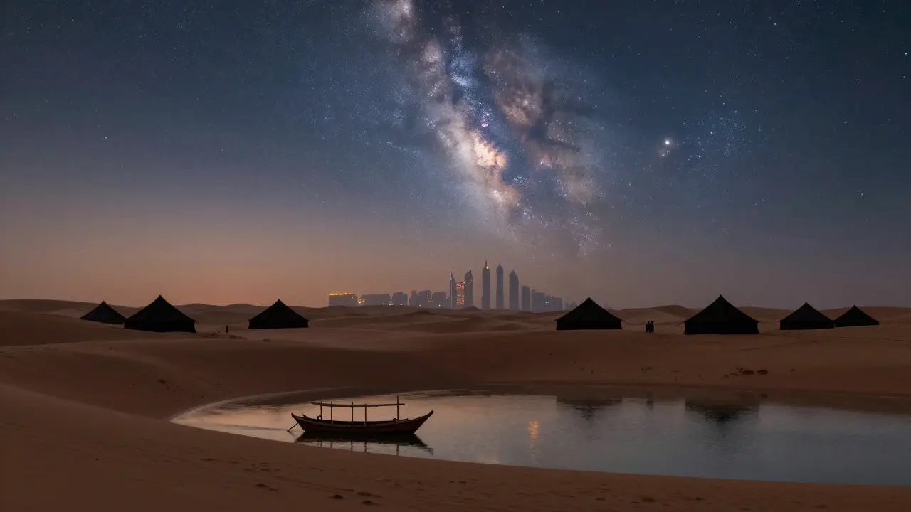 Twilight desert horizon with Bedouin tents and Abu Dhabi skyscrapers, a dhow boat on the water under a star-filled sky.