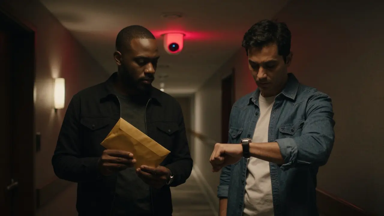 Two anonymous figures exchange an envelope in a hotel corridor under dim lighting and a faint red security light.