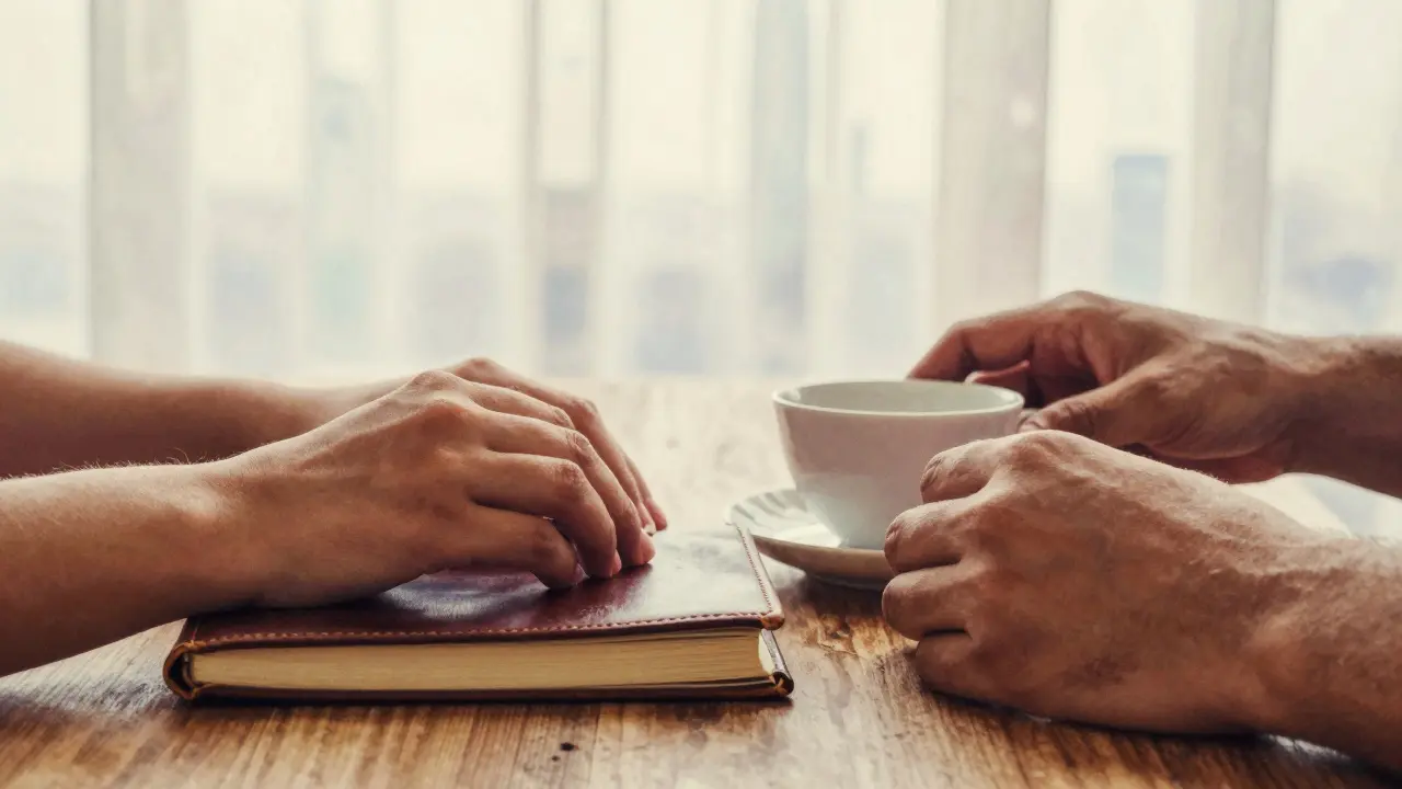 Two hands near a teacup and journal in a softly lit room, symbolizing quiet connection without faces shown.