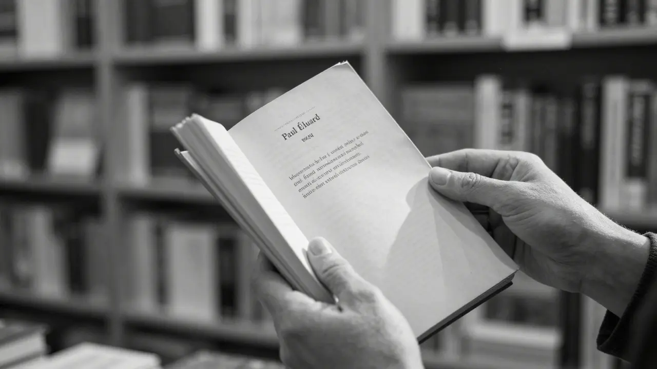 Two hands sharing a book of French poetry in a cozy, sunlit bookshop.