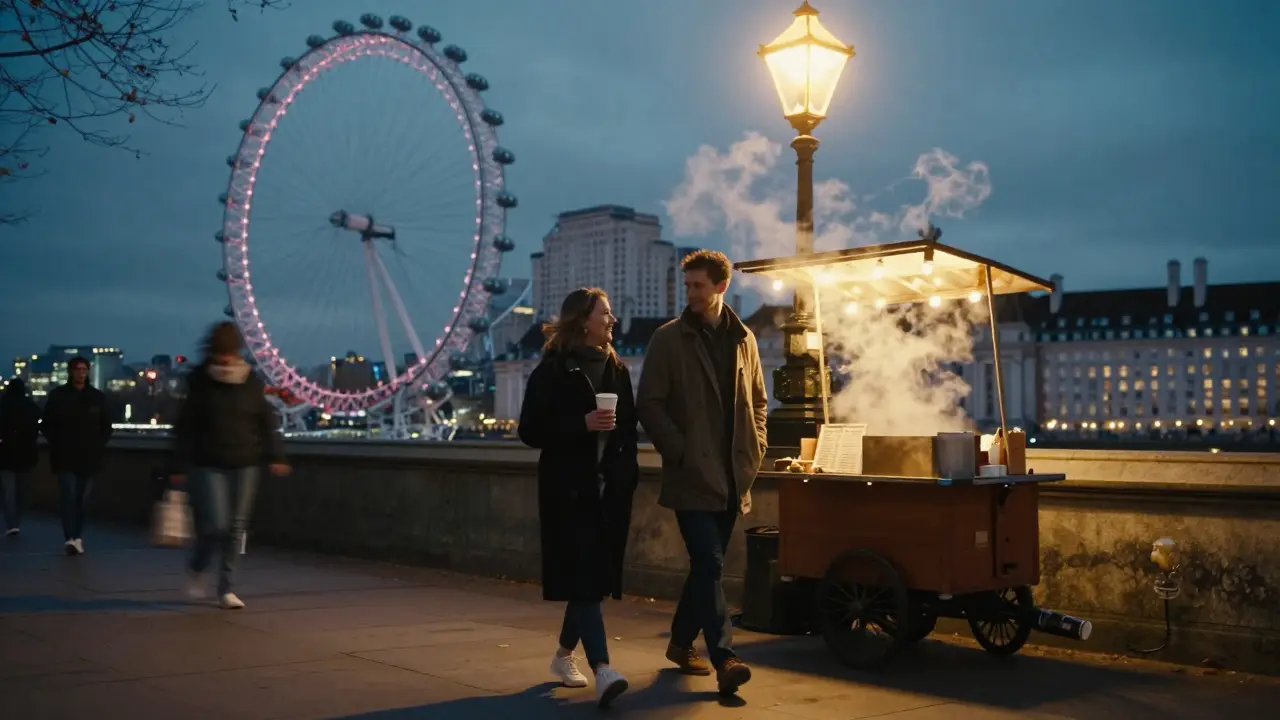 Two people walking along the South Bank at dusk, steam rising from a chestnut vendor.