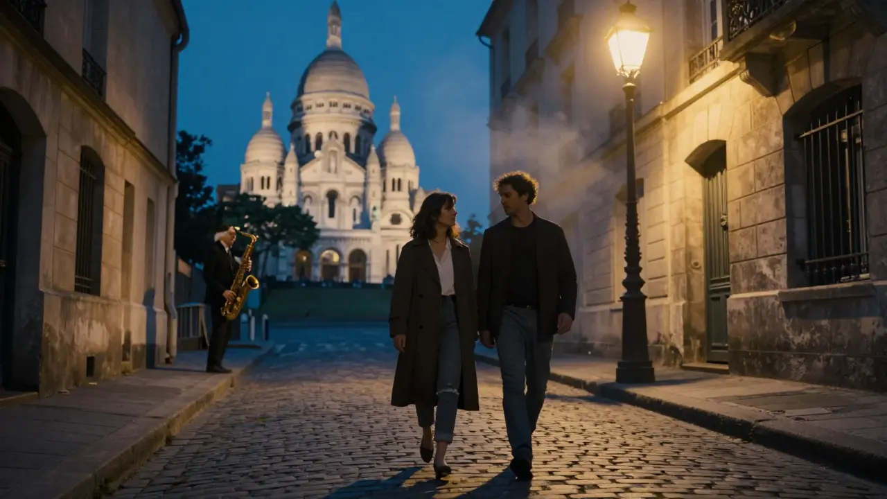 Two people walking peacefully through empty Montmartre streets at night, the basilica glowing in the distance.