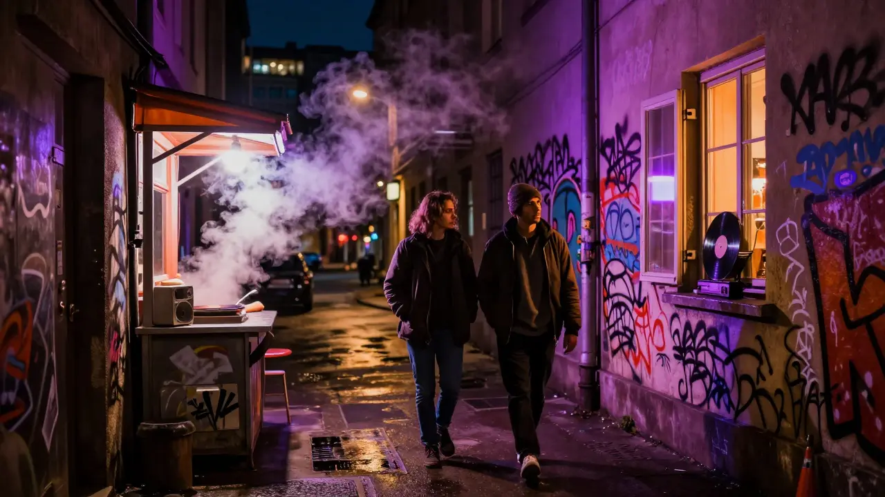 Two people walking through neon-lit Berlin streets at night, steam rising from a food stall.