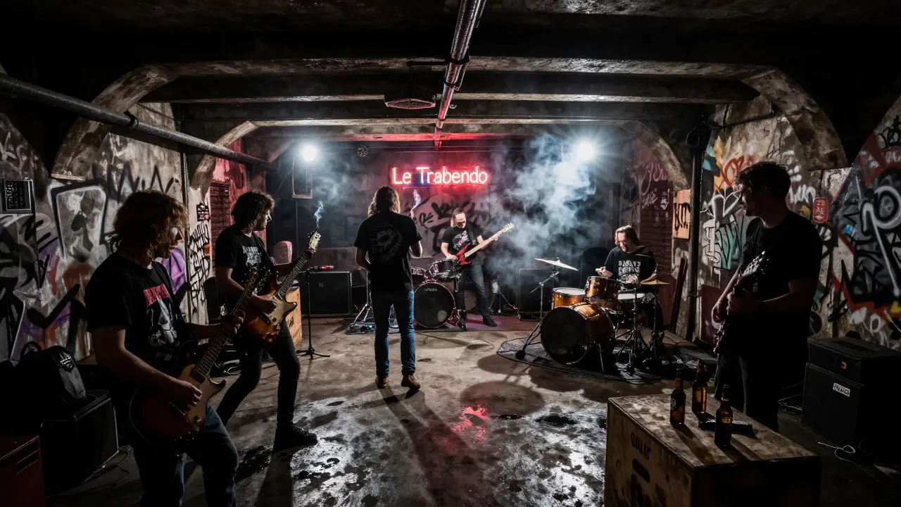 Underground band performing in a gritty, smoke-filled venue under railway arches.