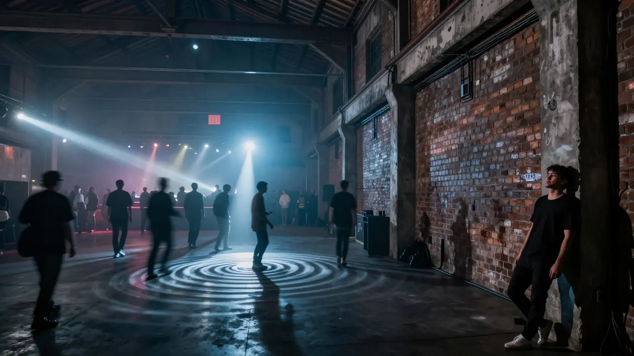 Underground warehouse club with dancers lost in bass-heavy music and haze