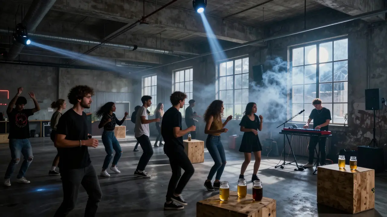 Underground warehouse party with live music, smoke, and diverse dancers.