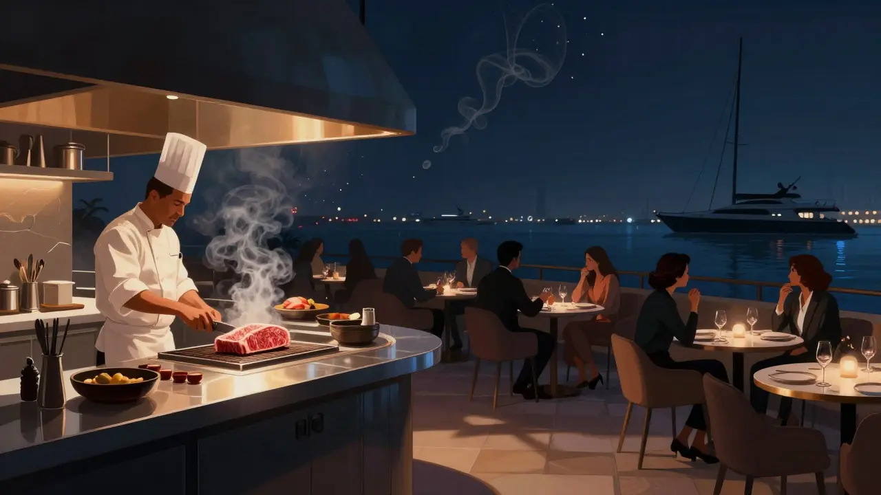 Upscale restaurant terrace at night with chefs grilling and marina views