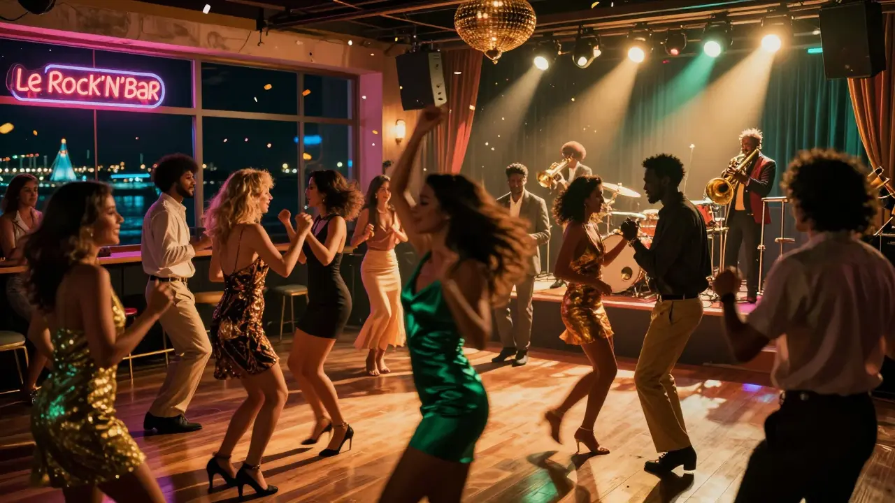 Vibrant nightlife scene with dancing crowd and live band under neon lights.