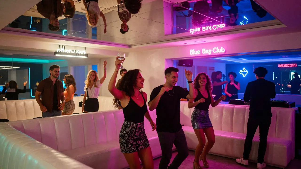 Vibrant white-clad dance floor with neon signs and people dancing joyfully under mirrored ceilings.
