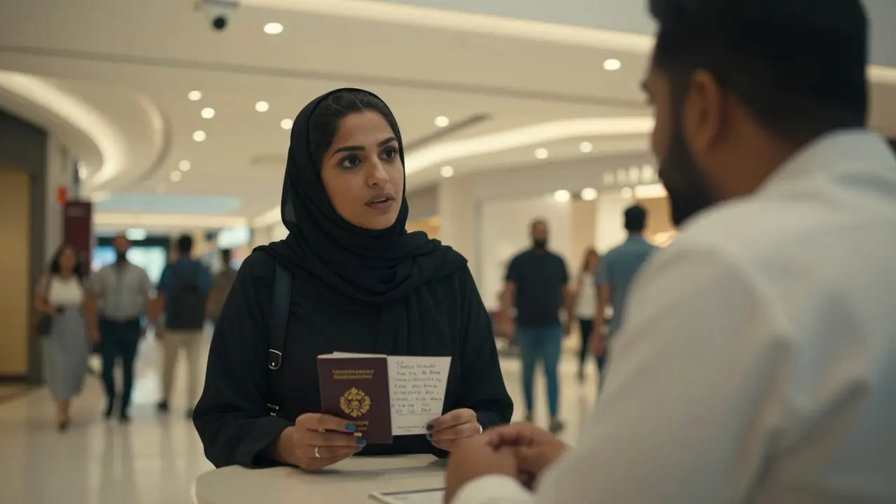 Woman showing her passport with today&#039;s date to a man in a busy Dubai mall lobby, security cameras visible overhead.