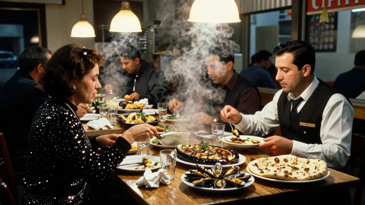 24-hour restaurant at dawn with diverse patrons sharing food, steam rising from traditional dishes.