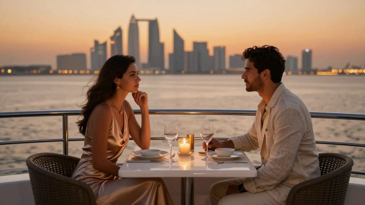 A couple having a quiet, refined conversation on a private yacht at sunset on the Persian Gulf.