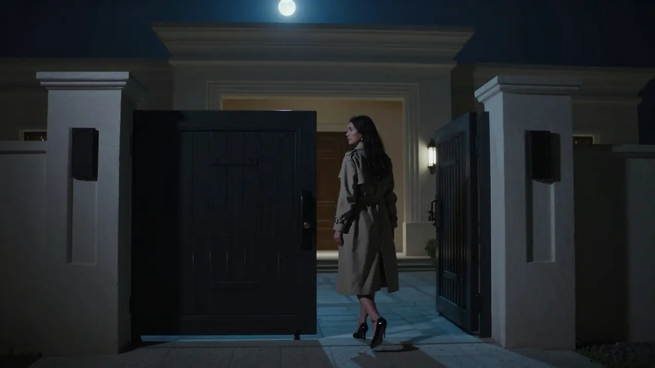 A discreet figure exiting a secluded villa at night, blending into the shadows of Abu Dhabi's elite privacy.