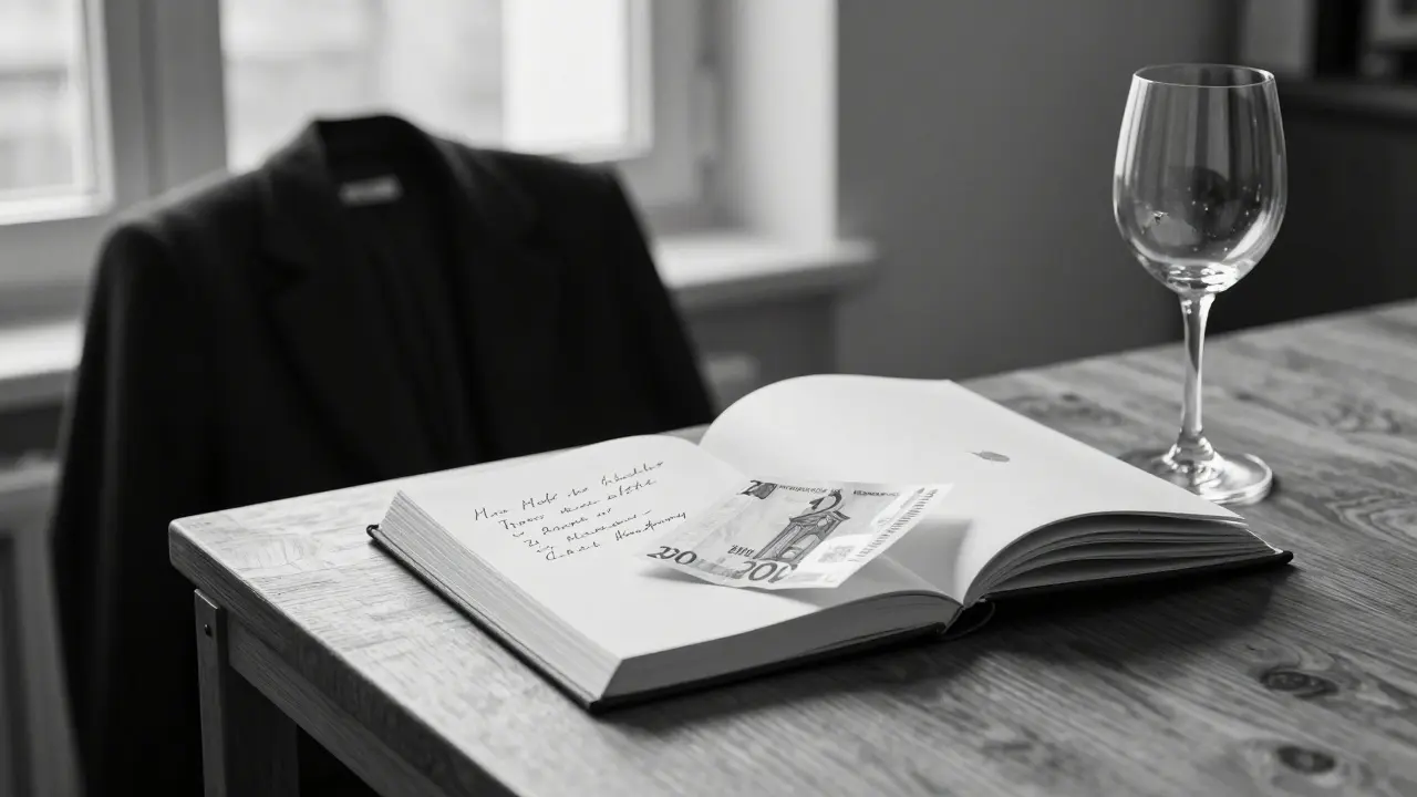 A handwritten note and a €200 bill lie inside a closed book on a wooden table, with a coat and wine glass nearby.