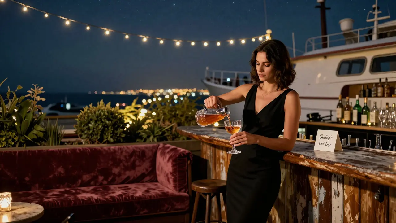 A hidden rooftop bar with string lights and a yacht-hull bar, pouring a cocktail under the stars.