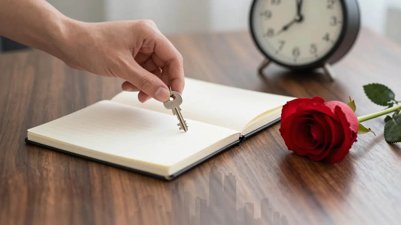A key and rose placed on a wooden table with a city skyline reflection, symbolizing trust and timing.