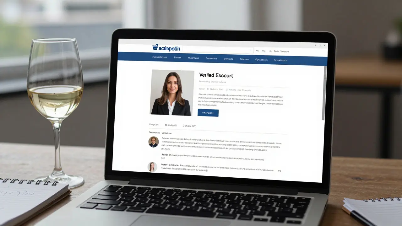 A laptop displaying a verified escort profile with real photos and reviews in Berlin.