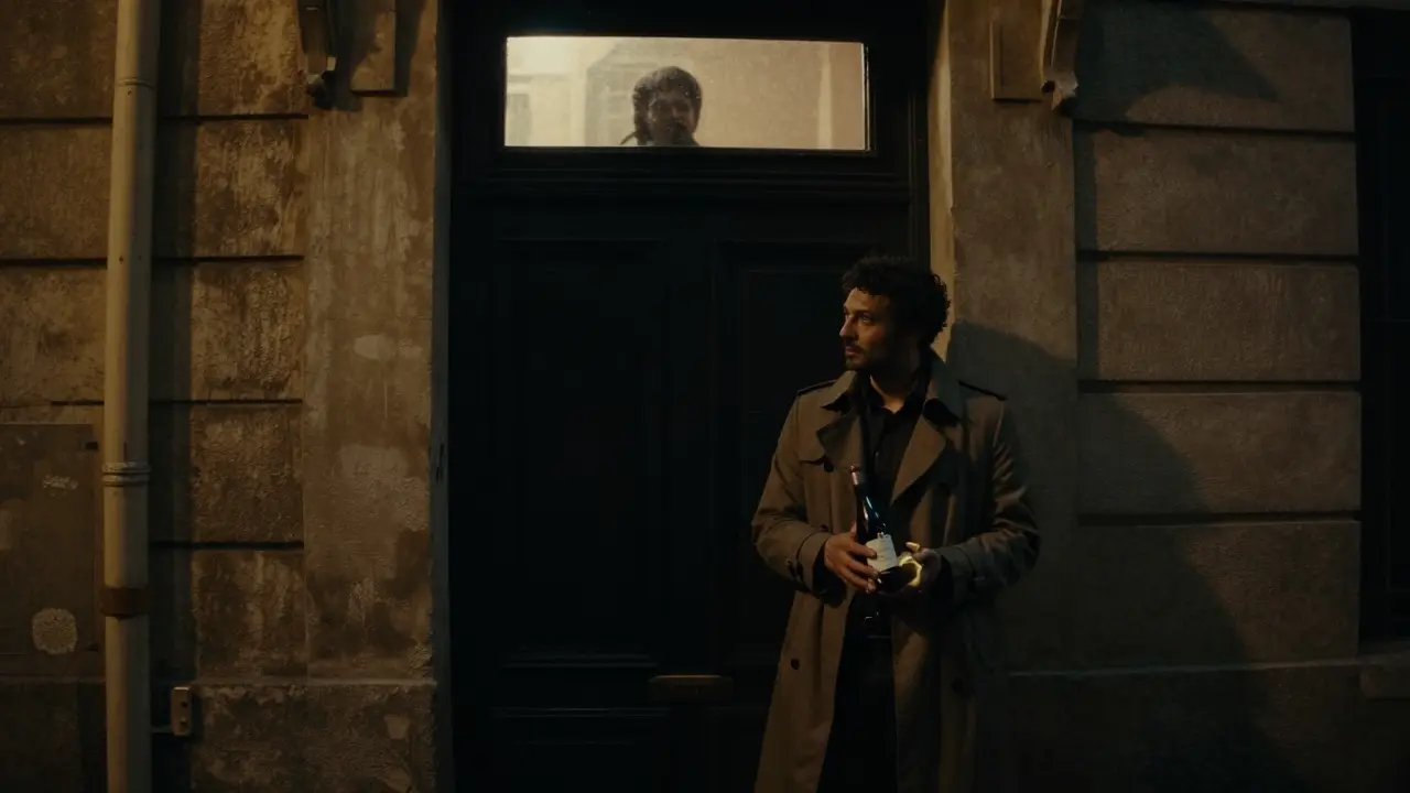 A man hesitates outside a discreet Parisian door at night, holding a wrapped gift in a rainy alley.