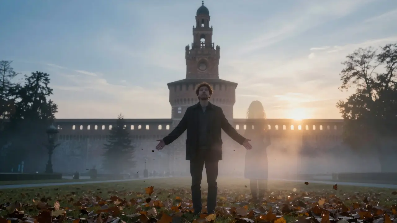 A man stands alone in Sforza Castle Park at sunrise, a faint silhouette of a companion fading into the mist.