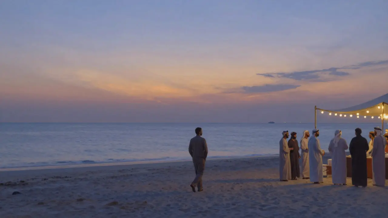 A man walks alone on a beach at sunset while others enjoy a cultural event in the distance.