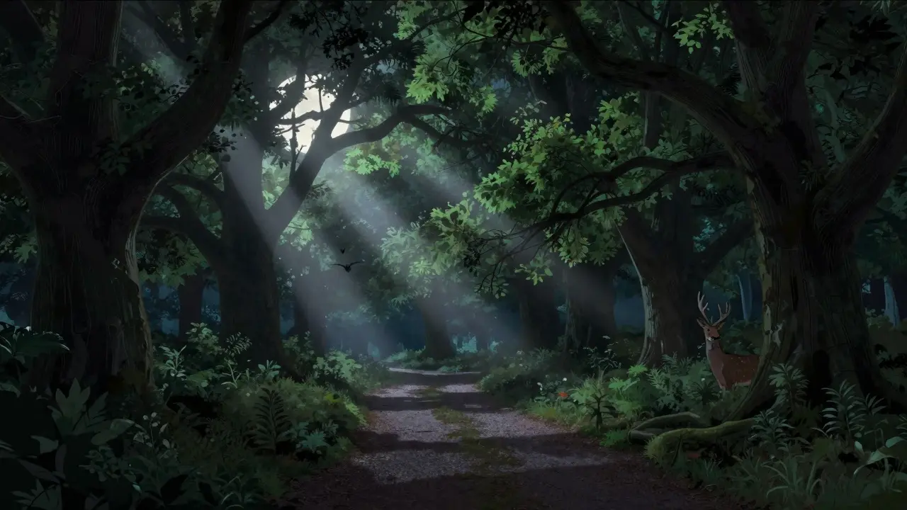 A moonlit forest path in Epping Forest with deer and bats, illuminated only by natural light.