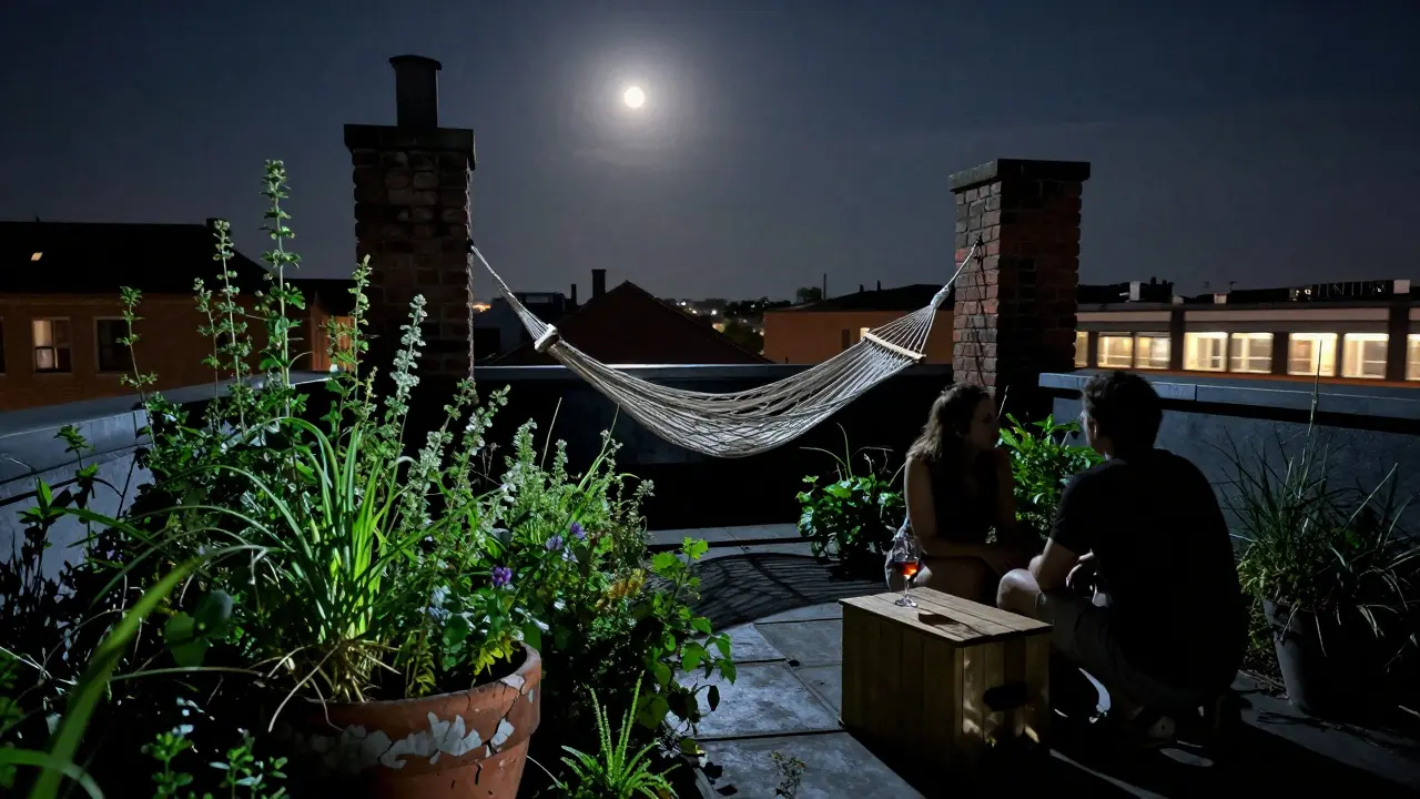 A moonlit rooftop garden above a sauna with a hammock and distant city lights.