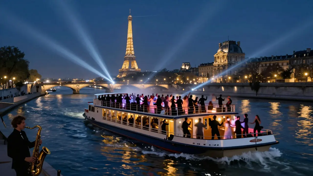 A night cruise boat dancing under Paris’s skyline, silhouettes moving to music on the deck.