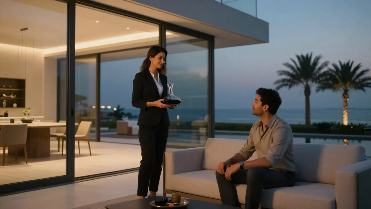 A professional companion and client in a modern Palm Jumeirah villa, sharing a calm, respectful conversation at twilight.