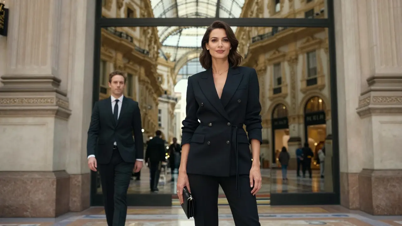 A professional woman waiting calmly outside a Milan hotel lobby, exuding confidence and poise.
