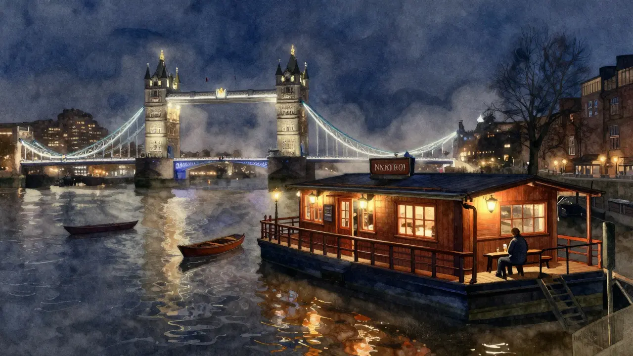 A quiet floating pub on the Thames at night with warm lights reflecting on dark water and Tower Bridge in the distance.