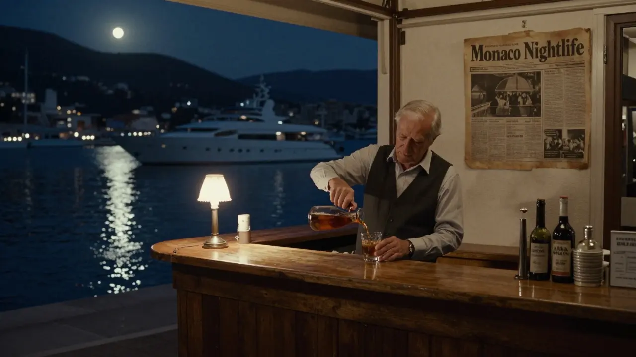 A quiet harbor bar at night, with an elderly bartender pouring drink, moonlight reflecting on water and a yacht in the distance.
