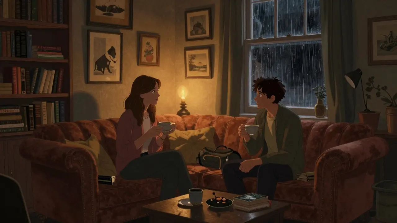 A quiet moment in a cozy London apartment, two people talking softly over tea in candlelight.