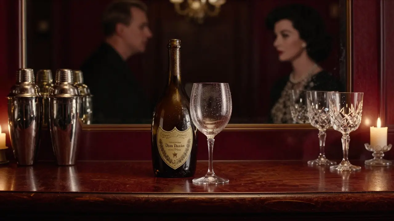 A single glass of champagne on a historic bar, with faint ghostly figures reflected in the mirror, evoking timeless elegance.