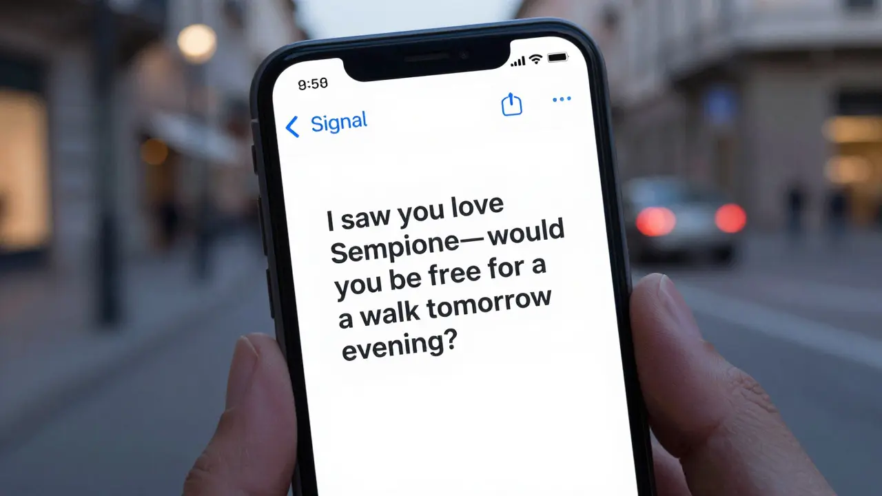 A smartphone screen displays a polite, personalized message in English and Italian, Signal app visible, no faces, only hands and text.