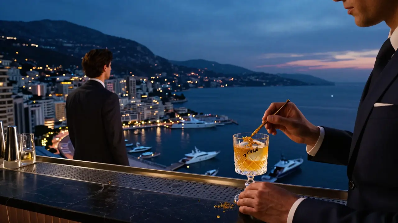 A solitary figure at SkyBar overlooking Monaco’s harbor, sipping a golden cocktail served in a custom-engraved glass.
