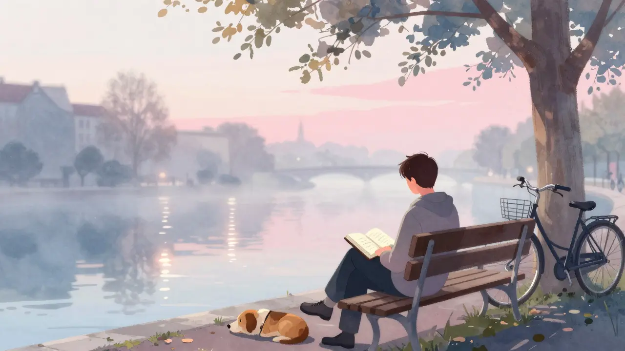 A solitary person sitting by a misty canal at dawn, with a notebook and dog nearby, peaceful and still.