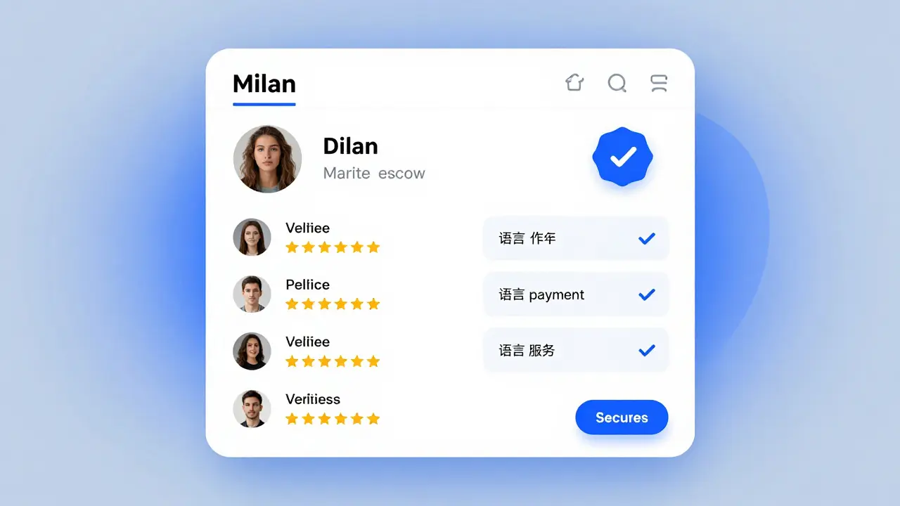 A verified online platform interface showing escort profiles with security badges and reviews.