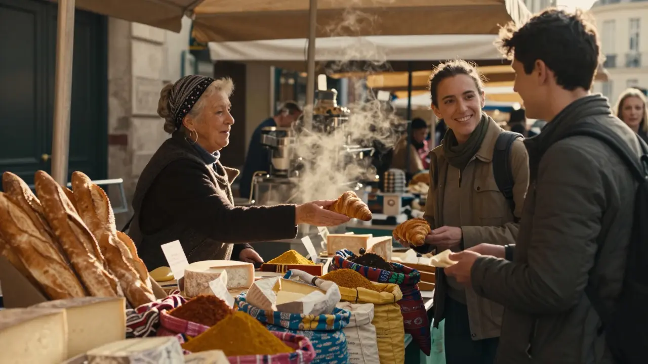 A vibrant local market with fresh bread, cheese, and spices, and a woman giving a croissant to a traveler.