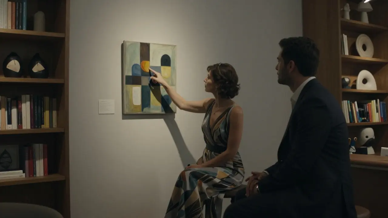 A woman and man discussing art in a quiet gallery lounge, surrounded by abstract sculptures and soft lighting.