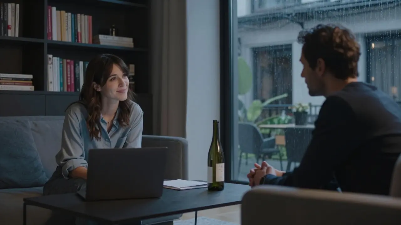 A woman and man sharing a calm moment in a modern Milan apartment, rain on the window, laptop open.
