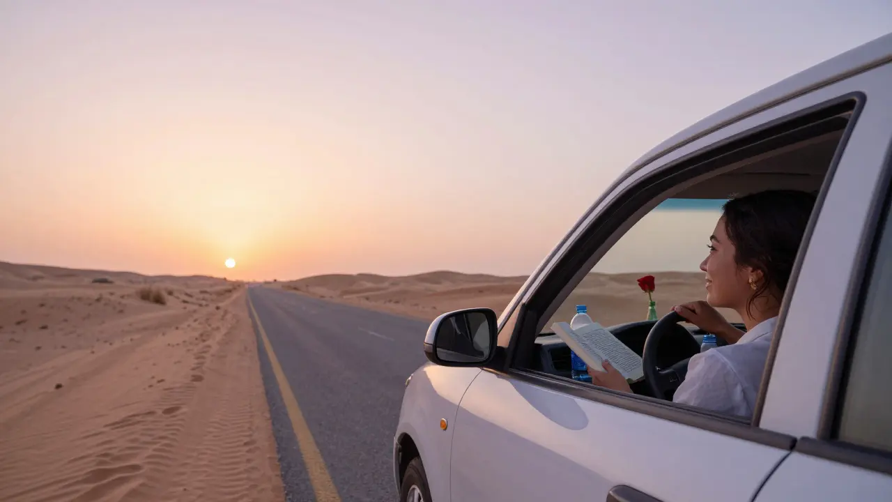 A woman in a car at dawn near Al Ain, smiling as the sun rises over desert dunes with a rose on the dashboard.